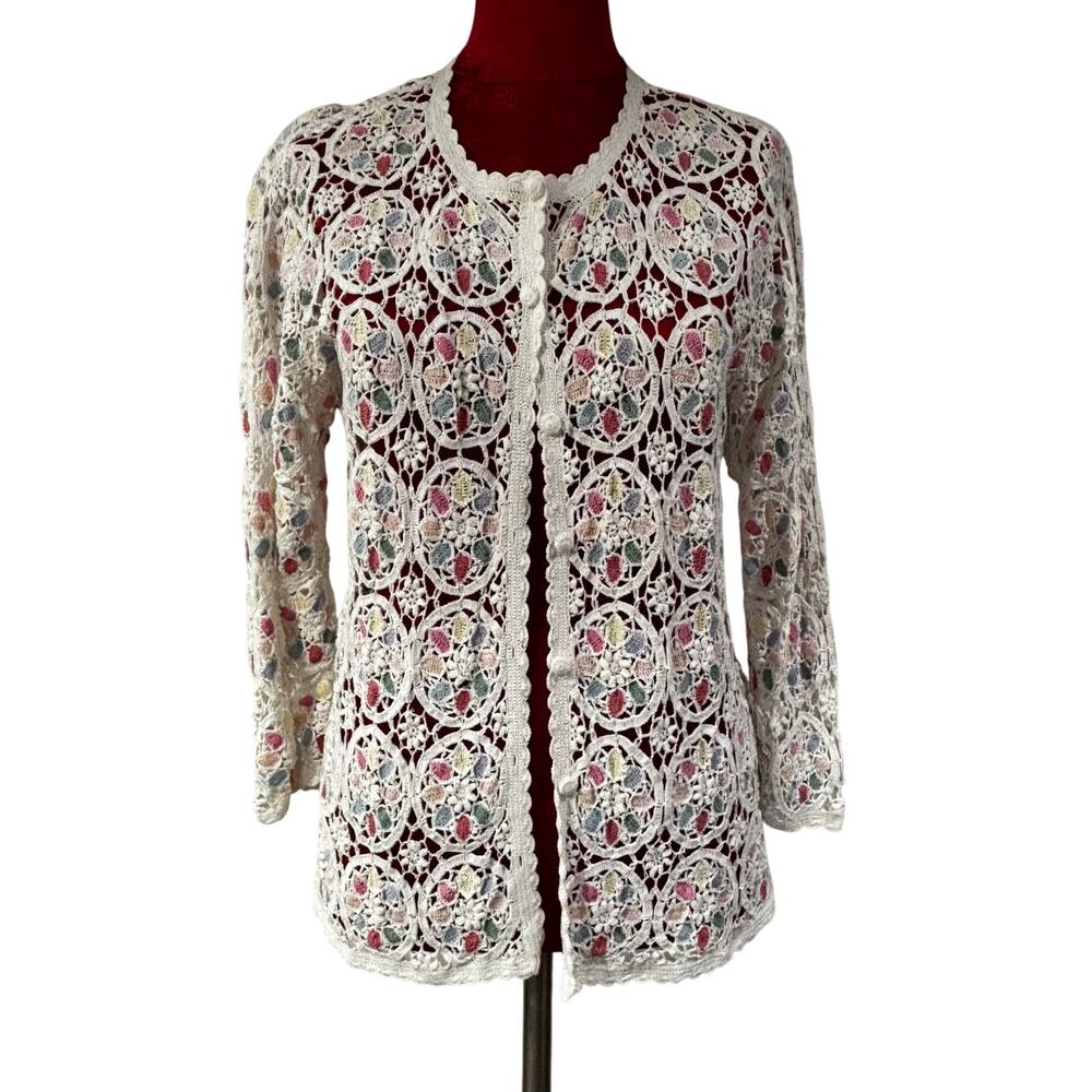 White crochet lace cardigan sweater with multicolor pastel stitchery size L